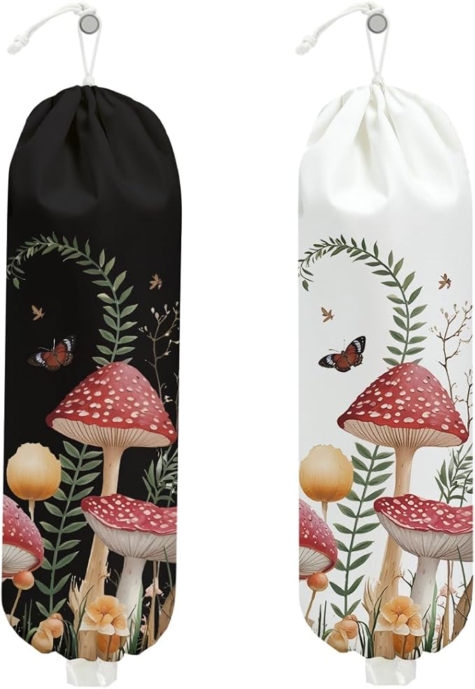 2PCS Mushroom Plastic Bag Holder, Wall Mount Grocery Bag Holder for Plastic Storage bag, Storage Organizer Reusable Grocery Bags, Pull Rope Free Adjustment, Butterfly Gifts for Women Mom Sister