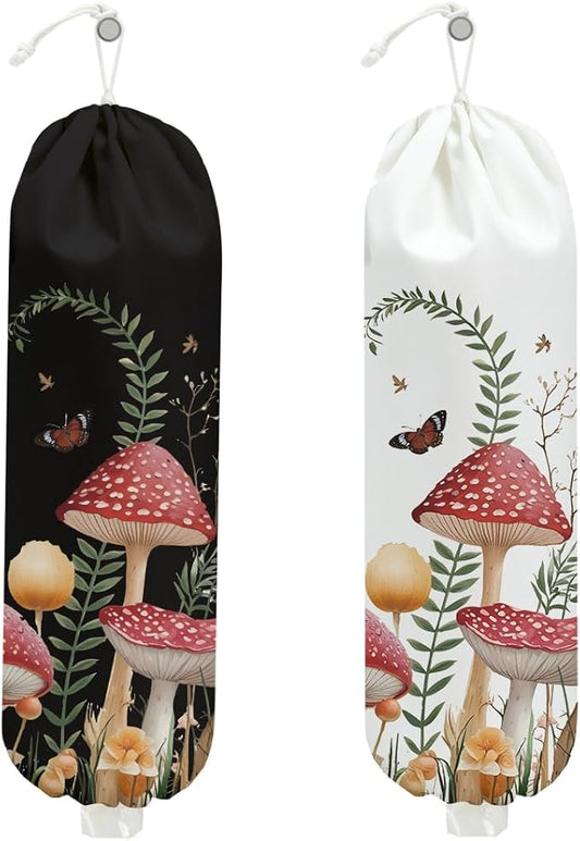 2PCS Mushroom Plastic Bag Holder, Wall Mount Grocery Bag Holder for Plastic Storage bag, Storage Organizer Reusable Grocery Bags, Pull Rope Free Adjustment, Butterfly Gifts for Women Mom Sister