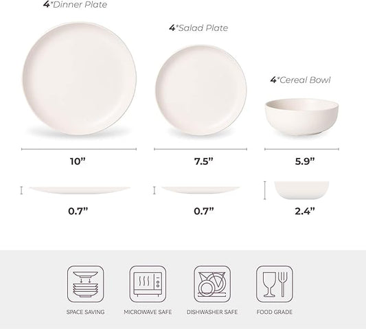 12-Piece Stoneware Dinnerware Set with Mugs | Microwave and Dishwasher Friendly | Stackable Matte Glaze Plates & Bowls | Service for 3 (White for 4)
