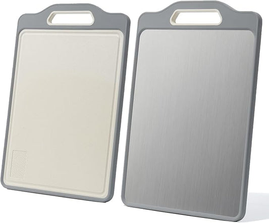 Stainless Steel Cutting Boards For Kitchen,Double Sided Cutting Board With Handle,Stainless Cutting Board And Wheat Straw Chopping Board With Juice Troughe,Kitchen Chopping Board Easy To Clean