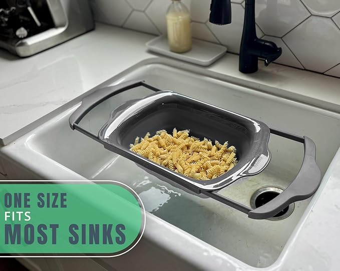 Over-the-Sink Colander with Handles – Sleek Plastic Black Kitchen Strainer for Pasta, Vegetables & Fruits – Space-Saving Design – 17.1 x 10.1 x 1.4 Inches