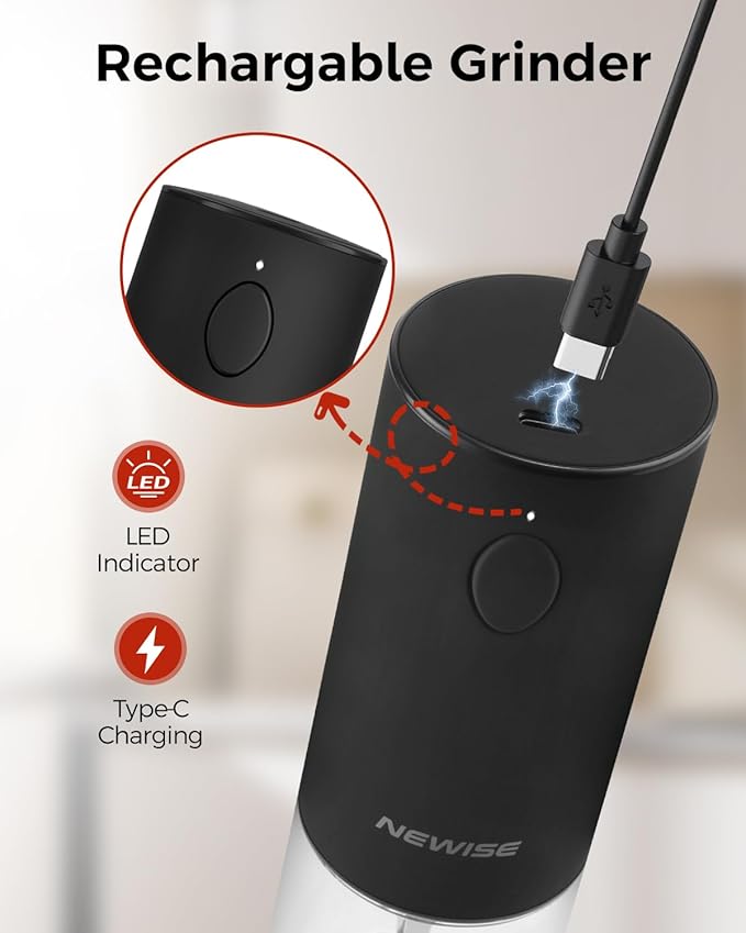 Electric Salt and Pepper Grinder Rechargeable with Light, Electric Salt and Pepper Shakers, Automatic & Adjustable Coarseness, Kitchen Gadgets, Black