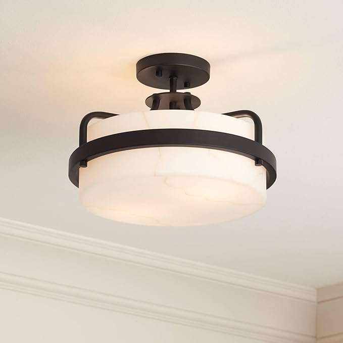 Possini Euro Design Bregman 13" Modern Semi Flush-Mount Ceiling Light Fixture Kitchen Foyer Hallway Drum Round Black Finish White Stone Glass Metal Bedroom Bathroom Entryway Living Room Indoor