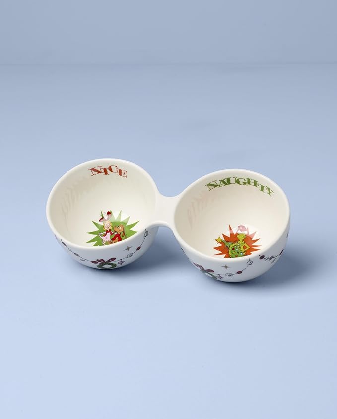 Lenox 898095 Merry Grinchmas Naughty or Nice Double Dip Bowl, Christmas Dish, Festive Holiday Serveware