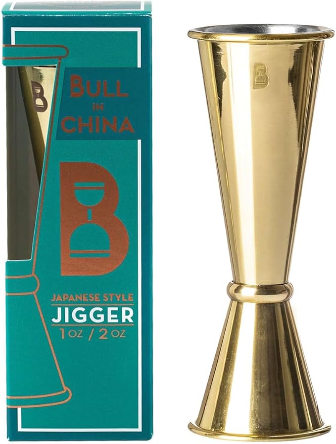Double Japanese Jigger by Bull In China - 0.25oz to 2oz Measures for Cocktails, Bars & Bartenders (Gold)