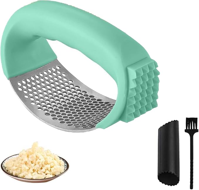 Stainless Steel Garlic Press,2025 New Upgraded Garlic Press Rocker,Garlic Crusher with Peeler and Cleaning Brush, Garlic Chopper for Crush Garlic Kitchen Gadgets, Kitchen Tools. (Green)