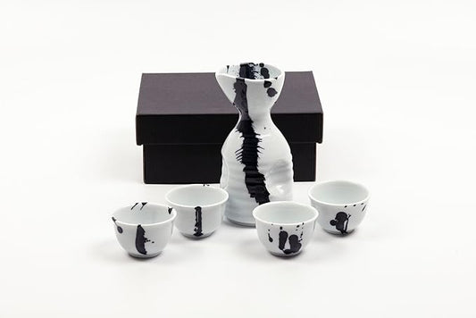 Arita Ceramic Sake Set [Made in Japan/Brush Stroke]: 1 Sake Carafe and 4 Sake Cups in Gift Box