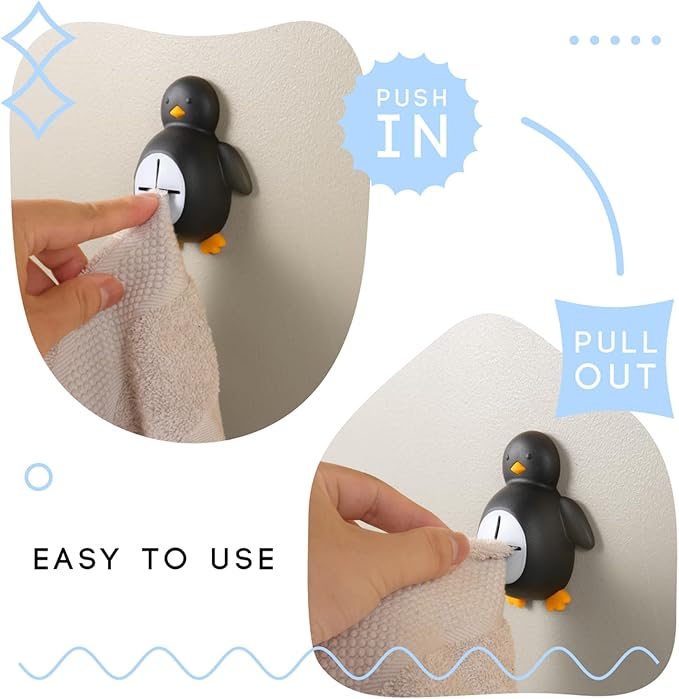 vizuzi Penguin Kitchen Towel Self Adhesive Silicone Hooks Holder for Tea or Dishwashing Towel, Washcloths, Loofah, for Bathrooms, Shower, Kitchens, Garages, RV, Camper, Cabinet, Sink, Dishwasher VOV