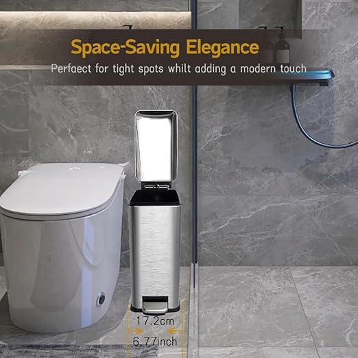 Bathroom Trash Can 2.6 Gallon with Lid, Garbage Can with a Soft Close lid, 10l Stainless Slim Step Trash Can with Removable Inner Bucket for Bathroom,Bedroom,Home Office