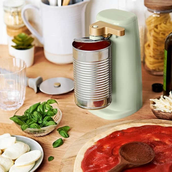 Beautiful Electric Can Opener with Auto-Turn, Magnetic Lid Holder, Knife Sharpener, Bottle Opener, Removable Lever, Cord Storage, No-Tilt Base, Stainless Steel Blade, 70W (Sage Green)