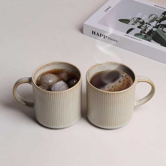 MONITO 16Oz Coffee Mugs Set of 4, Rustic Ceramic Coffee Cups Set with Large Handle, Vintage Striped Stoneware Coffee Mugs for Latte, Cocoa, Tea, Milk, Microwave & Dishwasher Safe, Bonbon Beige