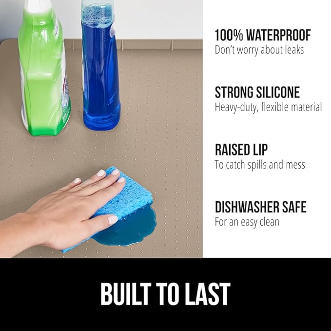 GORILLA GRIP Waterproof Silicone Under Sink Mat with Raised Lip for Kitchen and Bathroom, Cabinet Shelf Liner Stay in Place Mats Dishwasher Safe Drawer Liner, Organizer Tray, 19 x 22 in, Beige