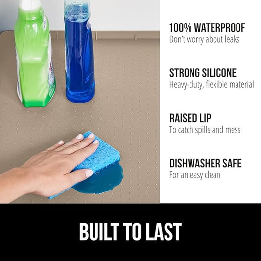 GORILLA GRIP Waterproof Silicone Under Sink Mat with Raised Lip for Kitchen and Bathroom, 31 x 22 in, Cabinet Shelf Liner Stay in Place Mats Dishwasher Safe Drawer Liner, Organizer Tray, Beige