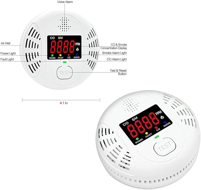 Carbon Monoxide and Smoke Detector Equipped with LCD Display, Battery Powered, Dual Sensor Alarm, 85dB Voice Alarm and Real-time CO Tracking, Suitable for Home/Kitchen/Bedroom/RV 1-Pack