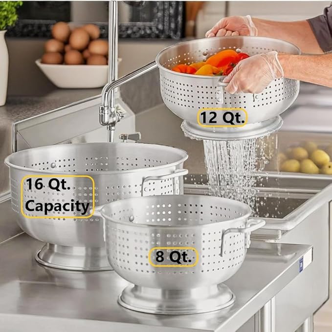 16 Qt. Aluminum Colander with Base and Handles – Heavy-Duty 16-Gauge Commercial Strainer for Pasta, Fruits, and Vegetables- (Large Colander with Top Diameter of 16.5 inches) (1, 16 Quart)