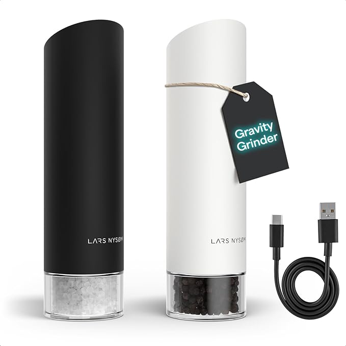LARS NYSØM Gravity Grinder - Electric Salt & Pepper Grinder Set - USB-C Rechargeable Automatic Spice Grinder, Adjustable Coarseness, One-Handed Operation for Kitchen (Black/White)