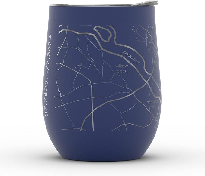 Well Told Engraved Richmond Virginia Map Insulated Wine Tumbler, Etched Stainless Steel Cup (12 oz, Midnight Blue) City Map Insulated Tumbler, Custom Insulated Tumbler, Outdoor Drinkware