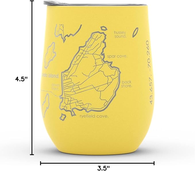 Well Told Engraved Portland Maine Map Insulated Wine Tumbler, Etched Stainless Steel Cup (12 oz, Sunrise Yellow) City Map Insulated Tumbler, Custom Insulated Tumbler, Outdoor Drinkware
