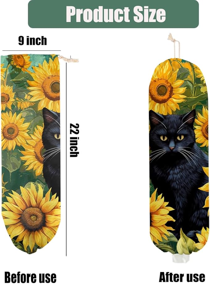 Cat Plastic Bag Holder, Sunflower Plastic Bag Holders for Grocery Bags, Wall Mount Reusable Grocery Bags Storage Dispenser for Home Kitchen Pantry Decor, Cute Cats Gifts for Women Mom Cat Lover