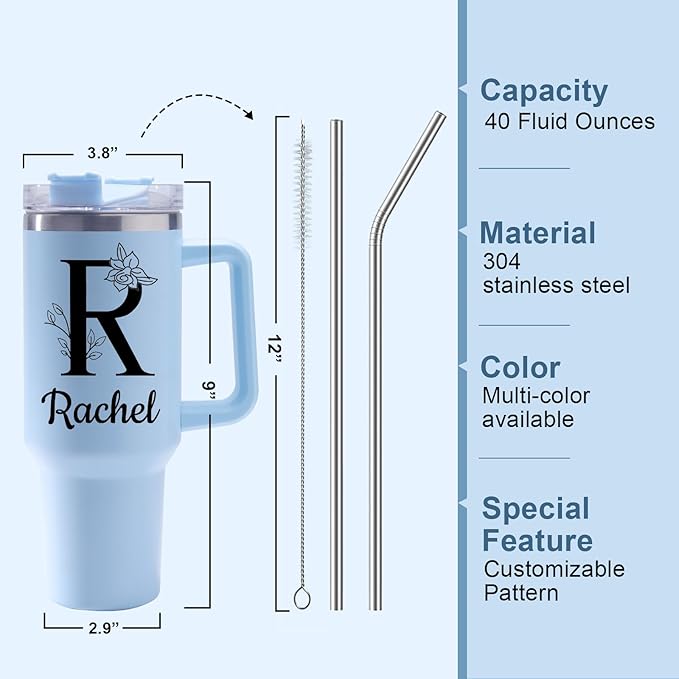 Personalized 40 Oz Tumbler with Handle and Straw, Custom Cup with Name & Birth Flower, Stainless Steel Travel Coffee Tumbler,Personalized Christmas Birthday Gifts for Women, Teen Girls