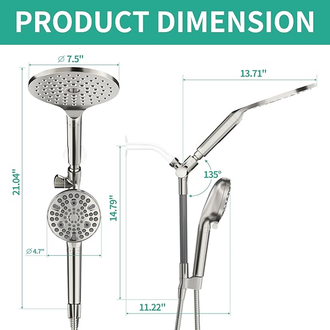 Filtered Rainfall Shower Head with Handheld Spray Combo, Dual Shower Head Combo High Pressure, Double Sprayer Filter Shower Head with Extra Long Hose & Adjustable Shower Arm (Brushed Nickel)