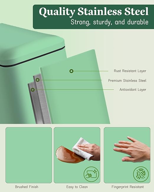 Bathroom Trash Can with Lid, 16.7L/ 4.4 Gallon Trash Can with Removable Inner Bucket, Soft Close lid, Stainless Steel Step Pedal Garbage Can for Bathroom, Bedroom, Kitchen, Home Office, Green