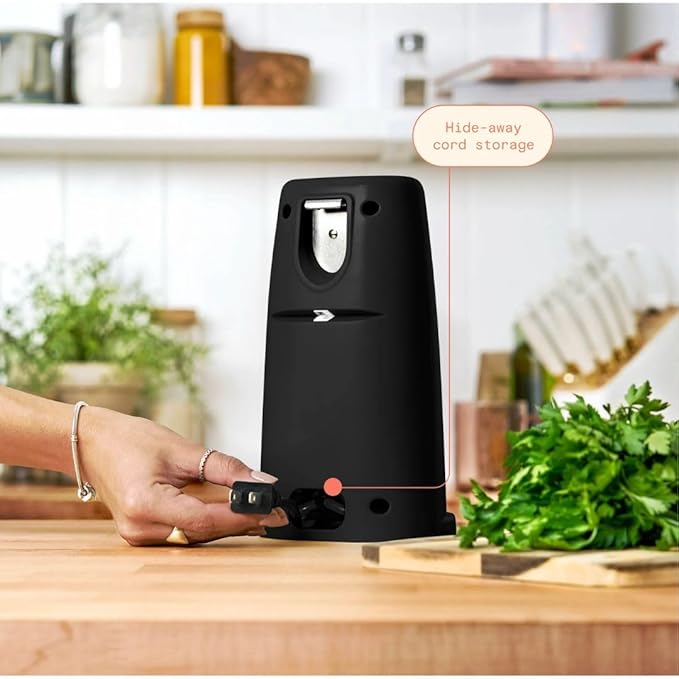 Beautiful Easy-Prep Electric Can Opener, Stainless Steel Blade, Built-in Knife Sharpener, Auto-Stop Safety, Cord Storage by Drew Barrymore (Black)