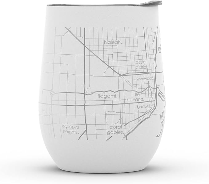 Well Told Engraved Miami Florida Map Insulated Wine Tumbler, Etched Stainless Steel Wine Tumbler (12 oz, White) City Map Insulated Tumbler, Custom Insulated Tumbler, Outdoor Drinkware