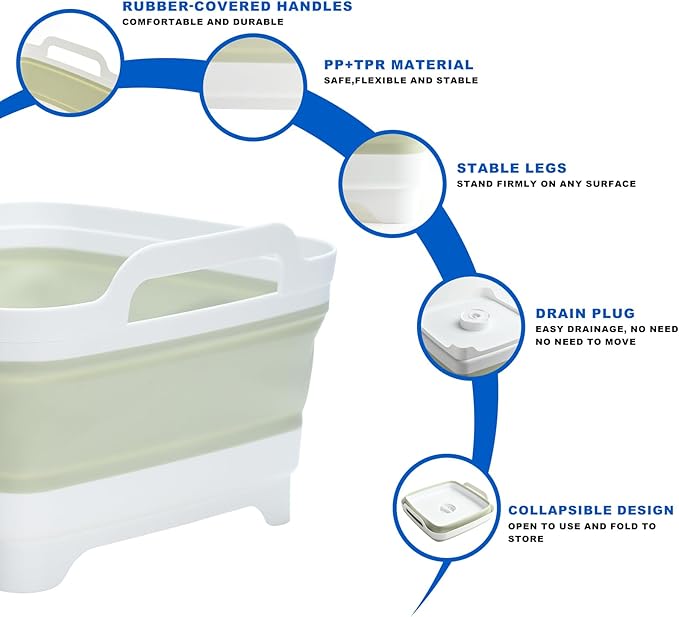 Collapsible Dish Basin, 2.4 Gallon Foldable Kitchen Sink with Drain Plug for Space-Saving Dish Washing, Vegetable & Baby Bottle Cleaning