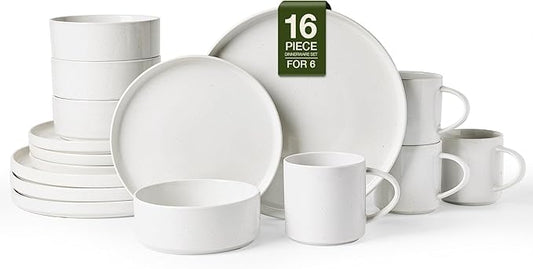 Famiware Nebula Dinnerware Sets with Mugs, Service for 4 (16 Pieces), Fine Stoneware Plates and Bowls Sets, Microwave and Dishwasher Safe Dishes Set, White