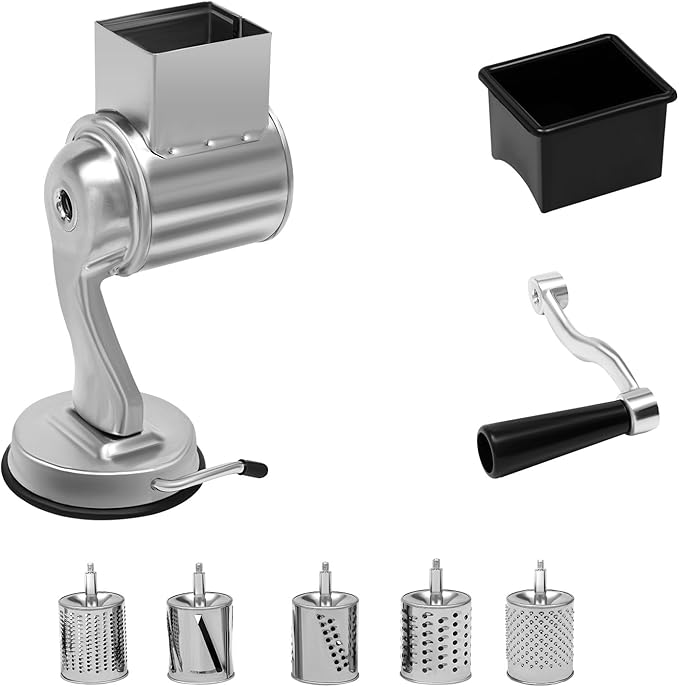 5-in-1 Rotary Cheese Grater & Vegetable Slicer with 5 Interchangeable Blades, Stainless Steel - Rotary Grater Slicer for Fruit, Vegetables, Nuts and More