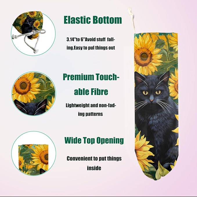 Cat Plastic Bag Holder, Sunflower Plastic Bag Holders for Grocery Bags, Wall Mount Reusable Grocery Bags Storage Dispenser for Home Kitchen Pantry Decor, Cute Cats Gifts for Women Mom Cat Lover