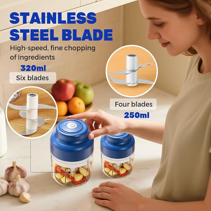 Electric Garlic Chopper with USB Rechargeable Design, Portable Food Processor for Garlic, Onion, Chili, Nuts, Vegetables, One-Touch Mini Kitchen Helper (Blue, 320ml)
