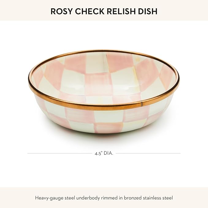 MACKENZIE-CHILDS Enamel Dipping Bowl, Small Serving Bowl for Entertaining, Pink-and-White Rosy Check