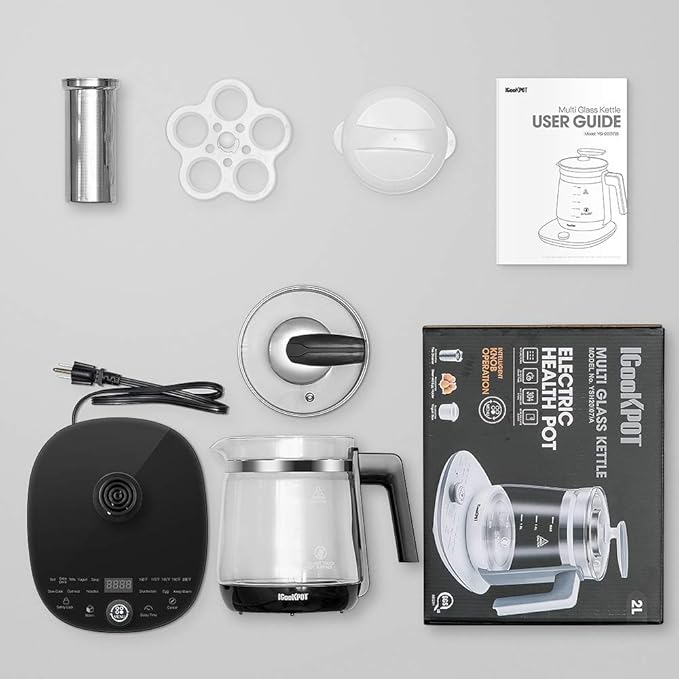 Electric Kettle Temperature Control Glass Tea Kettle Programmable Control Tea Pot, 2 Liter Stainless Steel Tea Maker & Coffee Kettle with Tea Infuser, Egg Cooker and Yogurt Box, BLACK