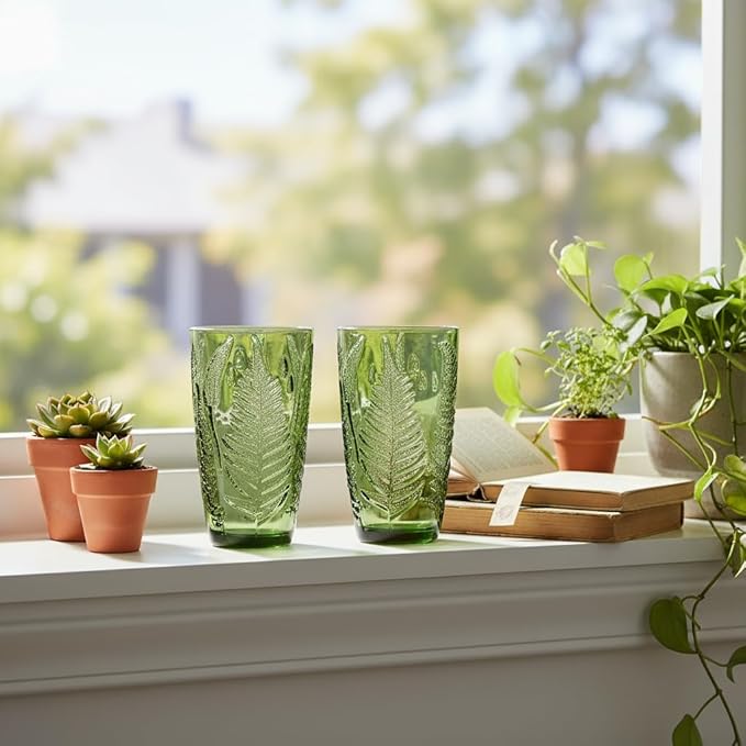 Green Drinking Glasses Set of 8 – 12 oz Hand-Blown Vintage Glass Cups, Boho Aesthetic Colored Glassware with Antique Charm, Textured Highball Water Tumblers, Unique Retro Drinkware Gift for Home