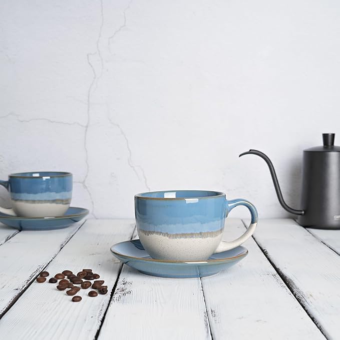 Bosmarlin Ceramic Cappuccino Cup and Saucer Set of 2, 10 Oz, Coffee Cups for Latte, Espresso, Tea, Dishwasher and Microwave Safe (Blue)