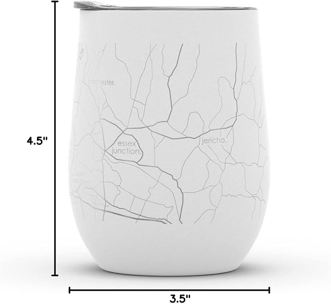 Well Told Engraved Burlington Vermont Map Insulated Wine Tumbler, Etched Stainless Steel Wine Tumbler (12 oz, White) City Map Insulated Tumbler, Custom Insulated Tumbler, Outdoor Drinkware