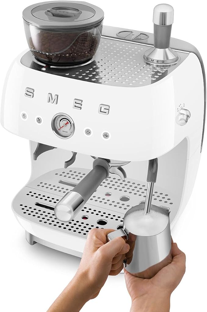Smeg EGF03 Semi-Automatic Espresso Machine with Built-In Grinder, Dual Thermoblock, 50’s Retro Style – White (120 V)