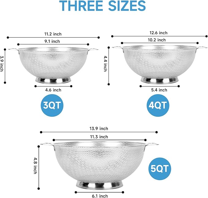 Colander for Kitchen, 3QT, Stainless Steel Colander Strainer with Handle for Fruits Vegetables Cooking Food, Dishwasher Safe
