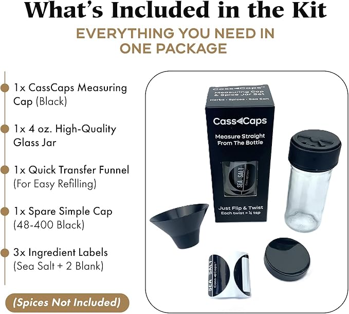 Spice Jar & Measuring Cap Set – Measure Straight From The Spice Jar! Faster Meal Prep, No Mess or Clean Up. 1 Pack Holiday Special!