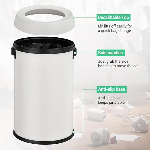 Garvee 17 gal/65 L Trash Can, Fingerprint-Proof Stainless Steel Open Top Garbage Can, Heavy Duty Commercial Round Trash Bin for Restaurant, Home, Office,White