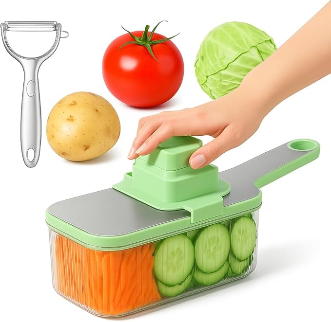 Multifunctional Mandoline food Slicer & Vegetable Chopper with Container – 6-in-1, mandolin, Cutter, Grater, Potato Slicer, Tomato Cutter, cabbage grater & Fruit/Veggie Shredder -Safe & Easy to Use