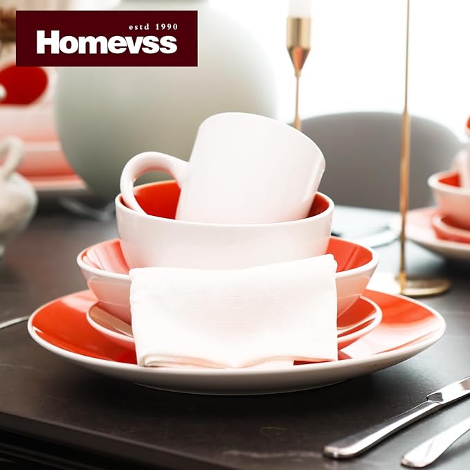 Stoneware Coupe Shape 16pc Dinnerware Set, Outside White + Inside Coral