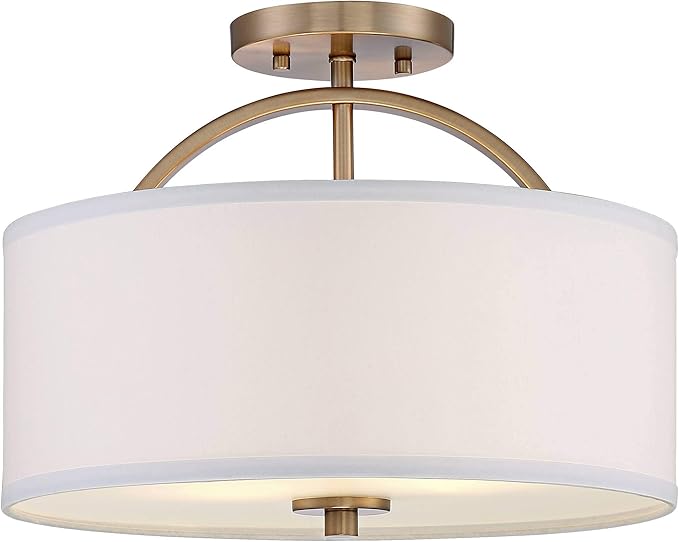 Possini Euro Design Halsted Modern Industrial Close to Ceiling Light Semi Flush Mount Fixture 15" Wide Warm Brass Gold White Linen Drum Shade for Bedroom Kitchen Living Room Hallway Bathroom
