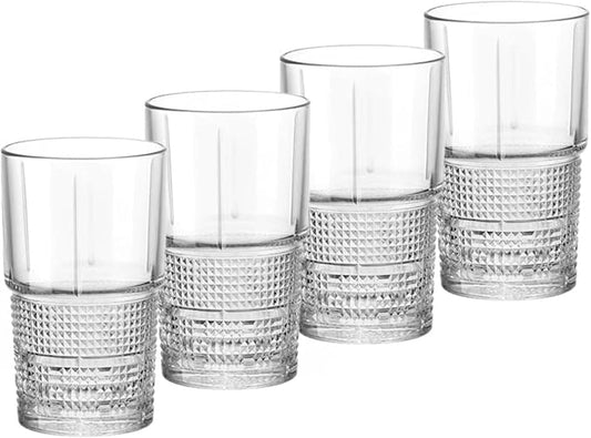 Bormioli Rocco Bartender Novecento Stackable 13.75 oz. Hi-Ball Drinking Glass for Mixed Cocktails, Clear, Set of 4