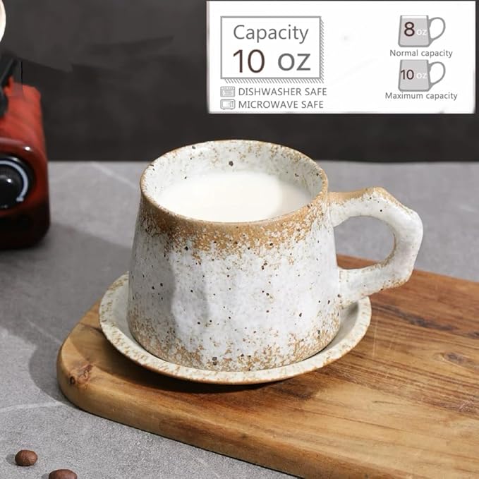 10oz Unique Vintage Retro Handmade Ceramic Cappuccino Barista Cup with Saucer –Rustic Stoneware Coffee Mug, Lead-Free Latte Art Mug，Handmade ceramic cappuccino cups or tea cup (biege)
