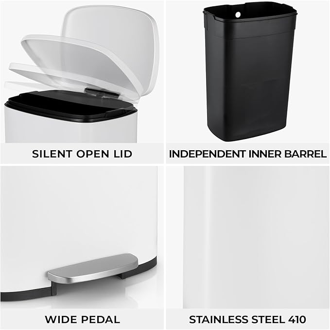 13.2 Gal Kitchen Trash Can, 50L Recycling or Garbage Bin, Brushed Stainless Steel Waste Basket, Soft&Quiet Close Dustbin, with Step-On Pedal, Removable Inner Bucket, for Home, Office, Living Room