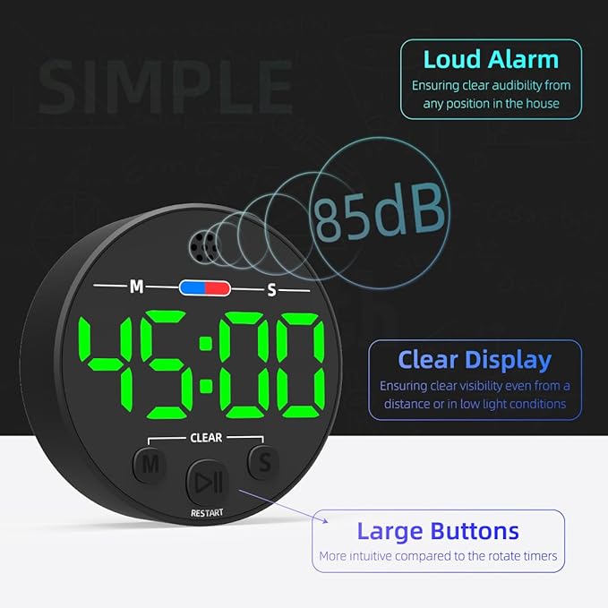 Large LED Digital Timer, Magnetic Countdown Loud Timer for Kitchen Cooking, Classroom Whiteboard, Kids, Toddler, Game, Productivity, Focus, Work, Task, Office, Meeting – Small, Simple, Visual, Green