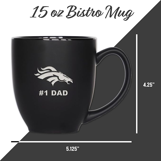 Rico Industries NFL Football #1 Dad 15oz Laser Engraved Matte Black Ceramic Bistro Mug - for Hot or Cold Drinks